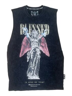 Sz M Blessed Graphic Muscle Tee with Pink Angel Wings